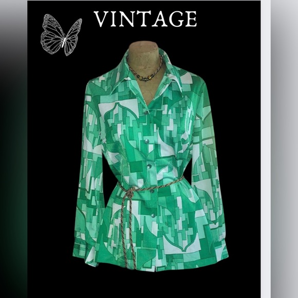 Vintage 1960’s Pykettes, green abstract, nylon/acetate blouse- dagger collar - Picture 1 of 9